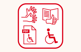 Logo für E-Accessibility: Icon für Leichte Sprache, Gebärdensprache, PDF und ein Rollstuhl.