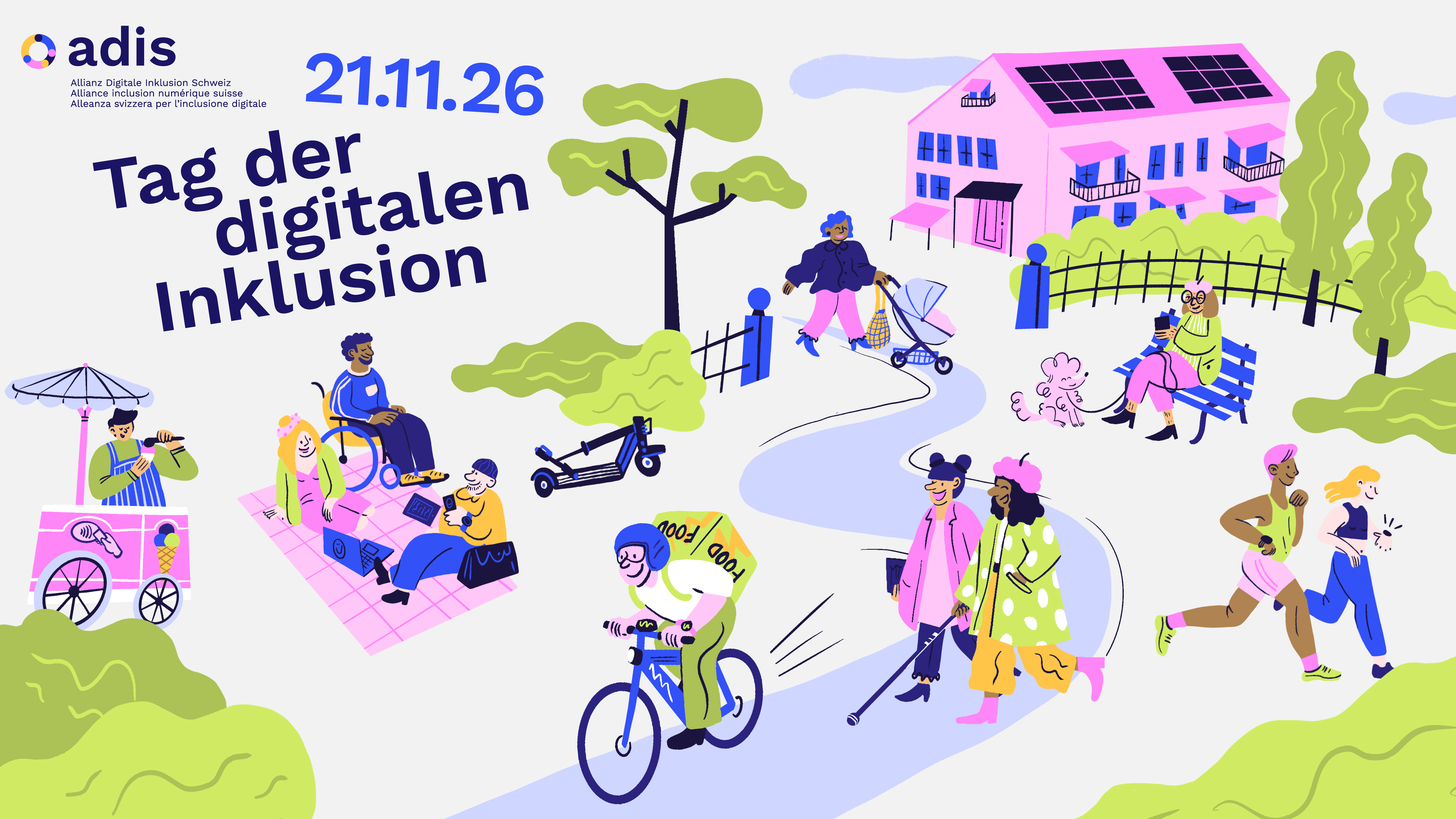Unterschiedliche Personen, mit und ohne Behinderung, spazieren und sitzen im Park und benutzen elektronische Geräte. Oben links das Logo der ADIS. Der Schriftzug Tag der digitalen Inklusion und das Datum 21.11.2026.