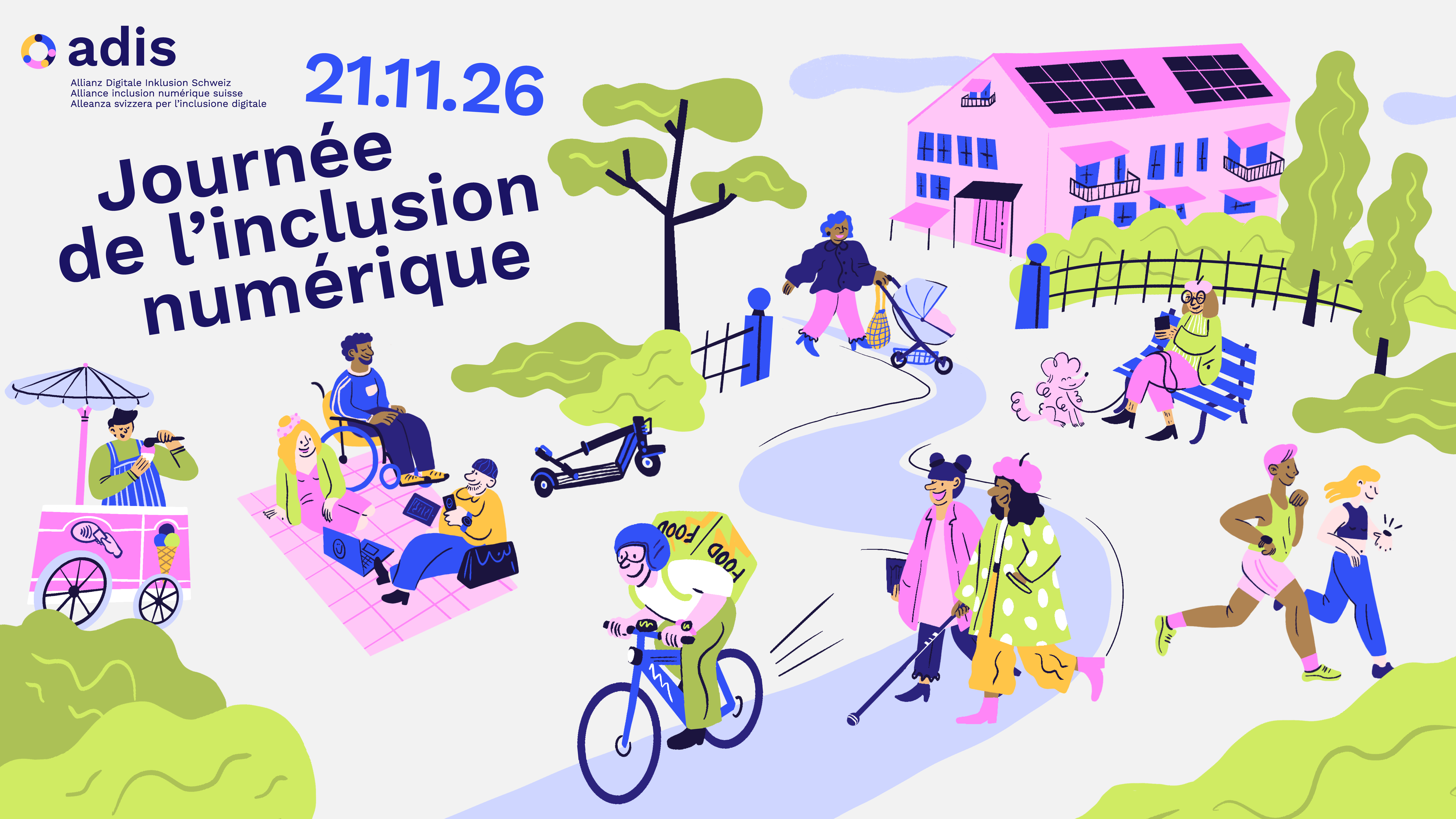 Diverses personnes, avec ou sans handicap, se promènent et sont assises dans le parc, tout en utilisant des appareils électroniques. En haut à gauche, le logo de l'ADIS. L'inscription « Journée de l'inclusion numérique » et la date du 21 novembre 2026. 